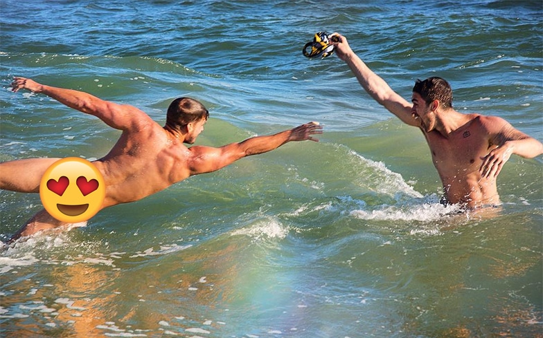 Max Emerson and boyfriend strip naked for a dip in the ocean.