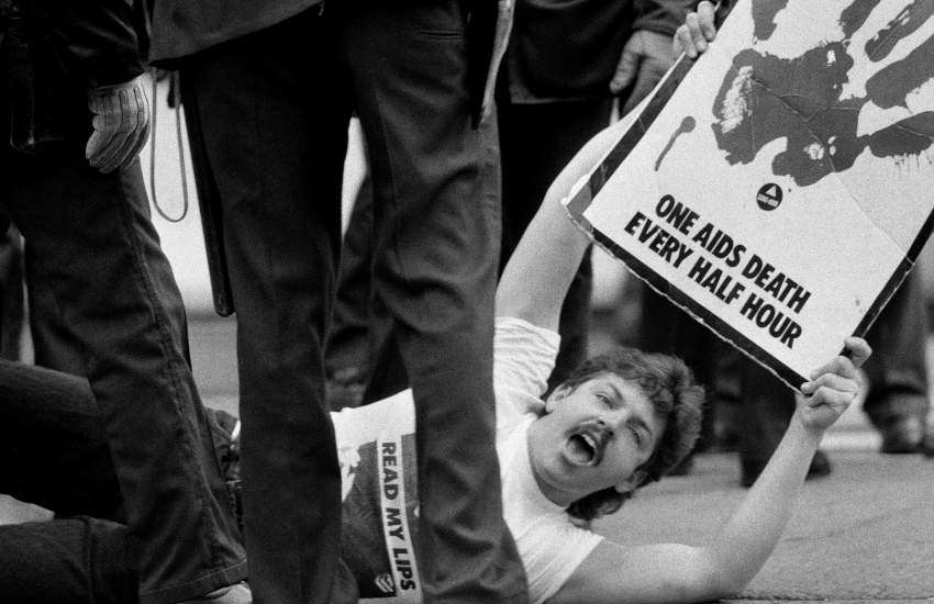 A protester lies down in front of City Hall, New York, 28 MArch 1989.