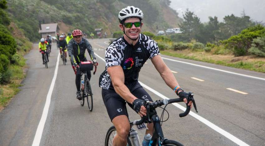 A cyclist riding in the AIDS/LifeCycle