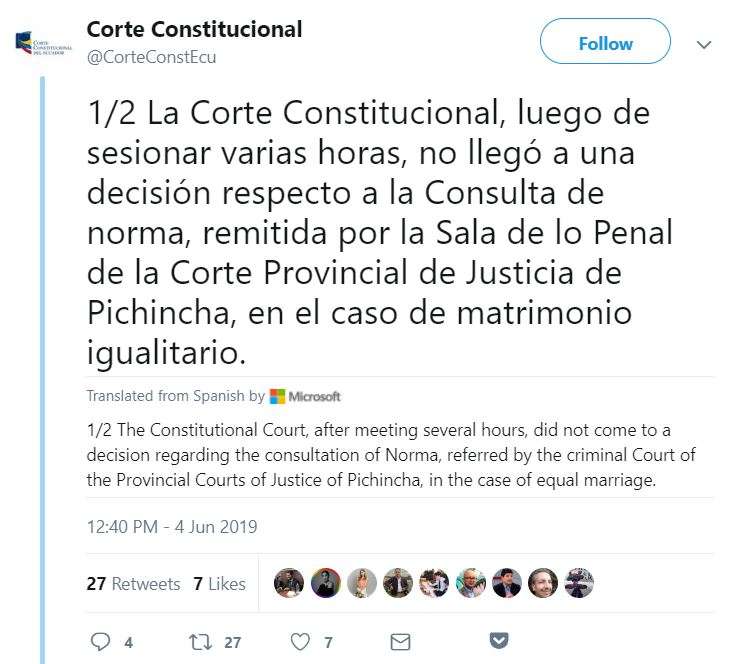 Tweet about Ecuador court