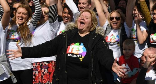 Magda Szubanski is seen at a marriage equality rally in South Melbourne in Sunday. (AAP)