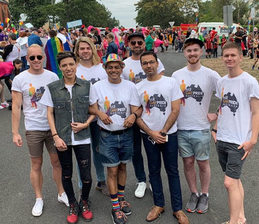 Mr Gay Pride Australia 2019 delegates prepare to march at the Chillout Festival march in Daylesford.